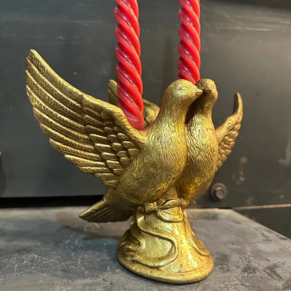 Vintage Gold Tone Ceramic Love Birds‎ Candlestick Holder Romantic Table Decor